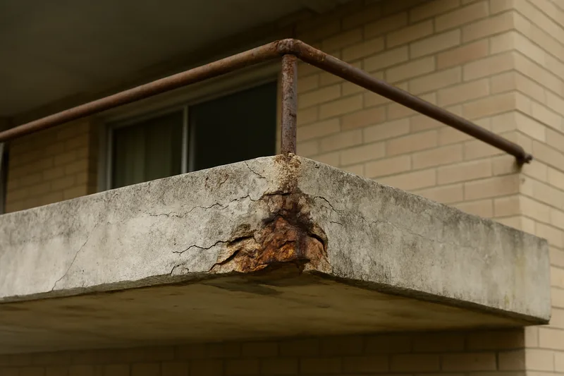 The corner of a balcony slab with a rust-stained broken corner and a bare bar — balcony concrete cancer, Sunshine Coast. Illustrative example.