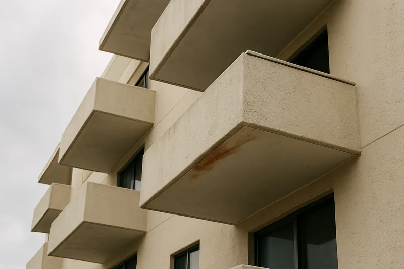 A row of balcony slab edges on a low-rise apartment building, one with a rust stain — concrete cancer in body corporate schemes, Sunshine Coast. Illustrative example.