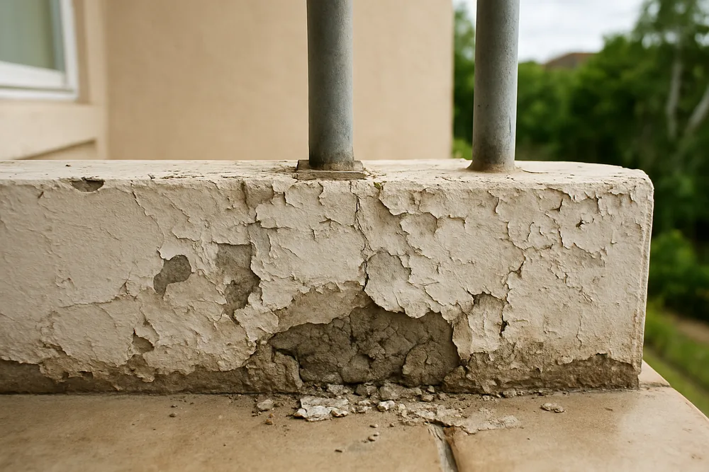Flaking concrete at the base of a balcony balustrade upstand with a bar showing — balcony concrete cancer, Sunshine Coast. Illustrative example.