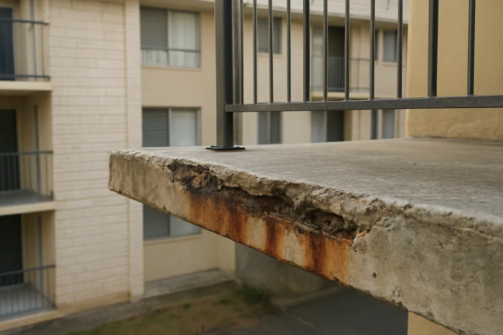 The edge of a stairwell landing in a low-rise apartment building with a spalled section and rust staining — concrete cancer in body corporate schemes, Sunshine Coast. Illustrative example.