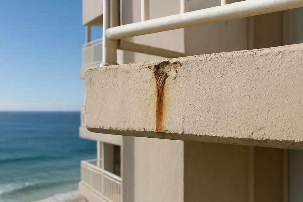 A balcony slab edge on a mid-rise beachside apartment building with a rust stain and a small spall — concrete cancer repair, Sunshine Coast. Illustrative example.
