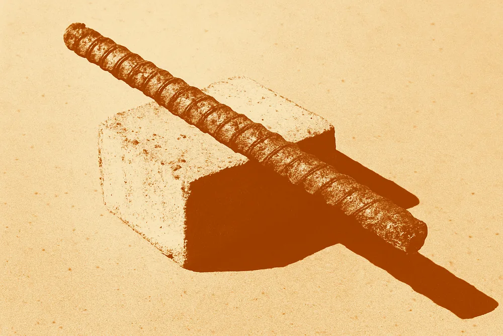 A short length of rusted reinforcing bar resting on a concrete offcut — concrete cancer repair, Sunshine Coast. Illustrative example.