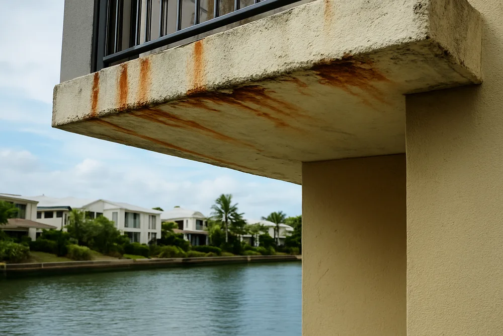 The underside of a balcony slab on a townhouse beside a canal with rust bleeding through the paint — concrete cancer repair, Sunshine Coast. Illustrative example.