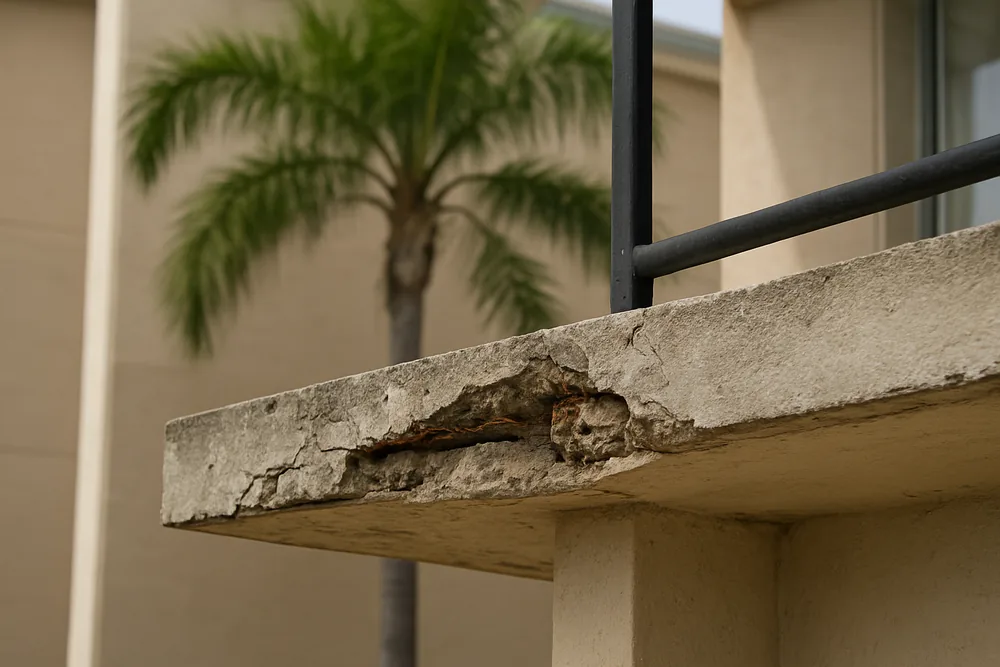 A concrete slab edge on a low-rise apartment building with spalled concrete and a bare bar — concrete cancer repair, Sunshine Coast. Illustrative example.