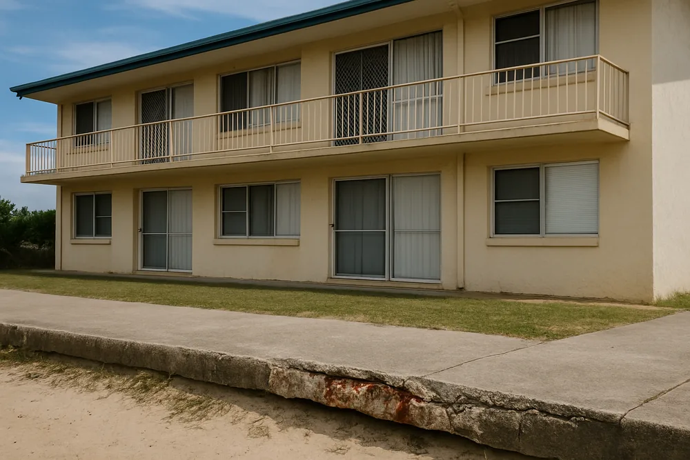 An older low-rise unit block with a concrete walkway slab edge in the foreground — concrete cancer repair, Sunshine Coast. Illustrative example.