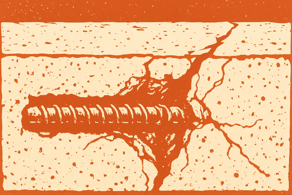 A duotone view of a concrete section where a rusting bar swells and cracks the cover concrete — concrete cancer repair, Sunshine Coast. Illustrative example.