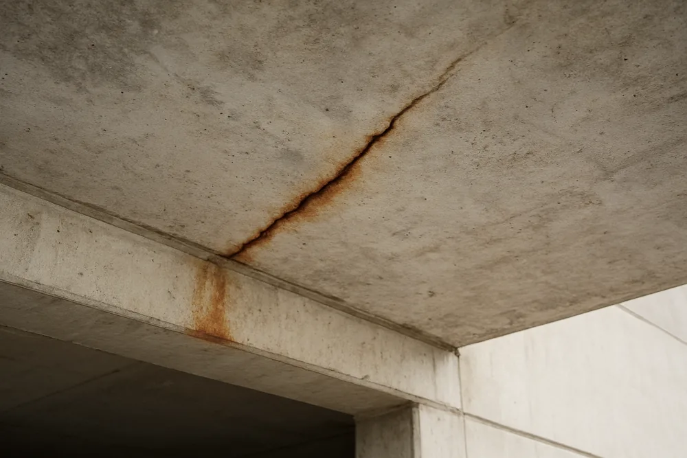 A concrete slab underside with a hairline crack and a rust stain along it — concrete cancer repair, Sunshine Coast. Illustrative example.