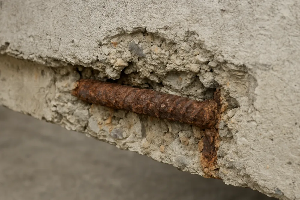 Concrete spalled away around a bare corroded bar on a slab edge — spalling and exposed reinforcement, Sunshine Coast. Illustrative example.