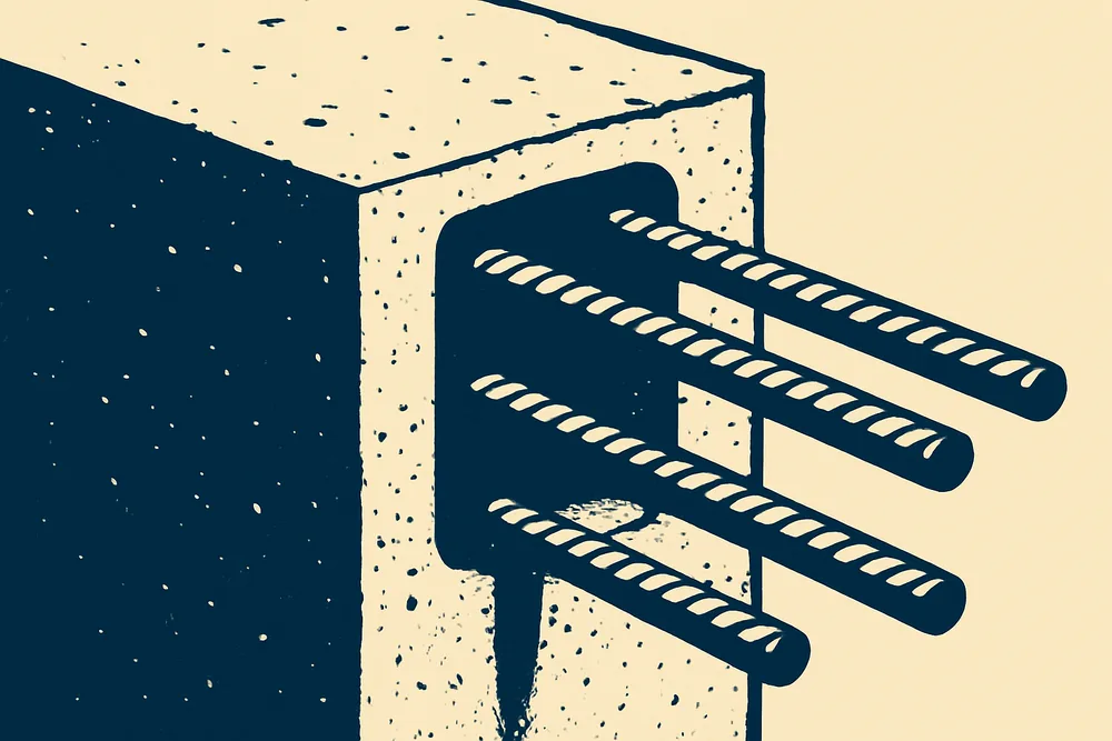 A duotone view of a concrete block with a recess cut to show steel bars — spalling and exposed reinforcement, Sunshine Coast. Illustrative example.